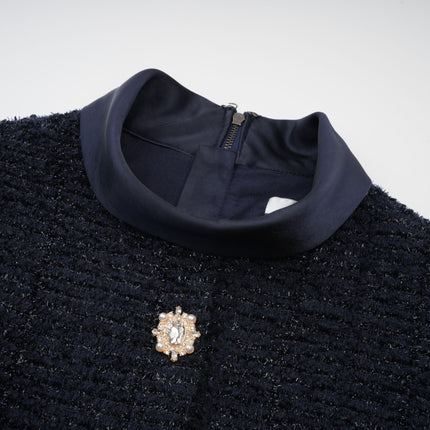 Dayana Blue Maxi Dress Navy Tweed Satin Finish Short Sleeves Peplum Waist Crystal Embellished Buttons Front Flap Pockets Floor-Length Terylene Cotton Metallic Fiber