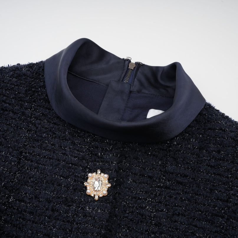 Dayana Blue Maxi Dress Navy Tweed Satin Finish Short Sleeves Peplum Waist Crystal Embellished Buttons Front Flap Pockets Floor-Length Terylene Cotton Metallic Fiber
