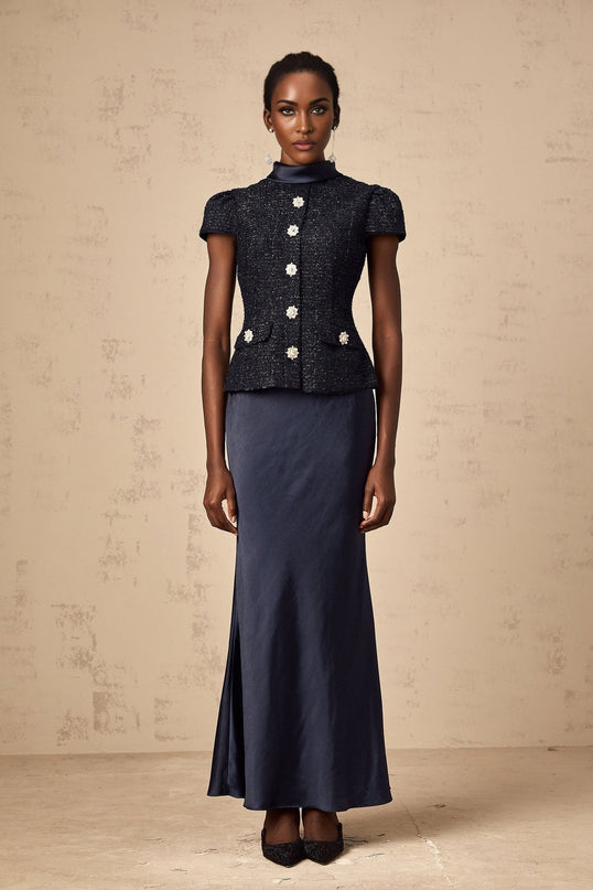 Dayana Blue Maxi Dress Navy Tweed Satin Finish Short Sleeves Peplum Waist Crystal-Embellished Buttons Flap Pockets Floor-Length Terylene Cotton Metallic Fiber