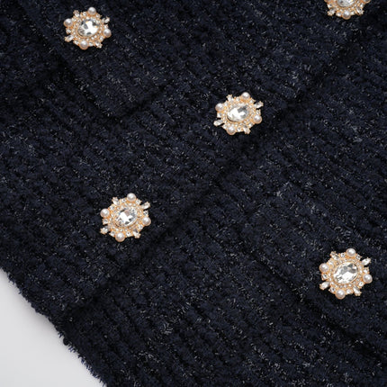 Dayana Blue Maxi Dress Navy Tweed Satin Peplum Crystal Buttons Flap Pockets Floor-Length Terylene Cotton Metallic Fiber