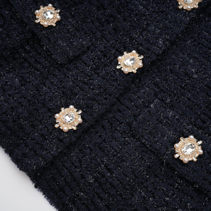 Dayana Blue Maxi Dress Navy Tweed Satin Peplum Crystal Buttons Flap Pockets Floor-Length Terylene Cotton Metallic Fiber