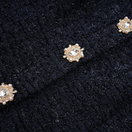 Dayana Blue Navy Tweed Maxi Dress with Satin Finish and Crystal-Embellished Buttons