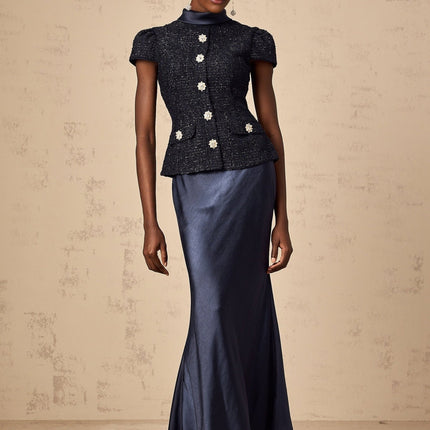 Dayana Blue Navy Tweed Satin Maxi Dress with Crystal Embellished Buttons and Peplum Waist