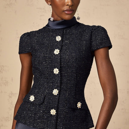 Dayana Blue Navy Tweed Satin Maxi Dress with Crystal Buttons and Peplum Waist