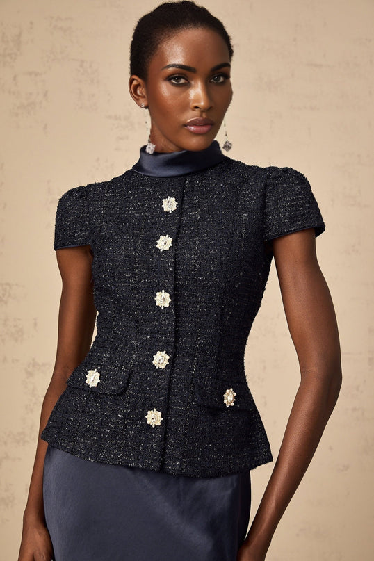 Dayana Blue Navy Tweed Satin Maxi Dress with Crystal Buttons and Peplum Waist