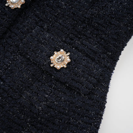 Dayana Blue Navy Tweed Satin Maxi Dress with Peplum Waist and Crystal-Embellished Buttons