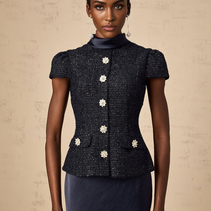 Dayana Blue Navy Tweed Satin Maxi Dress with Crystal-Embellished Buttons and Peplum Waist