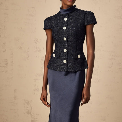 Dayana Blue Satin Navy Tweed Maxi Dress with Crystal Buttons and Peplum Waist