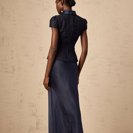 Dayana Blue Tweed Maxi Dress with Crystal-Embellished Buttons and Peplum Waist