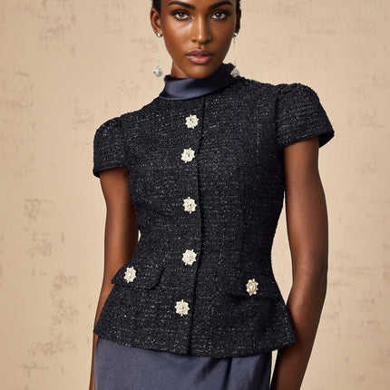 Dayana Blue Tweed Maxi Dress with Crystal-Embellished Buttons and Peplum Waist