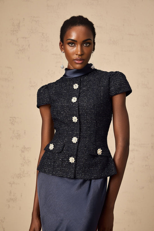 Dayana Blue Tweed Maxi Dress with Crystal-Embellished Buttons and Peplum Waist