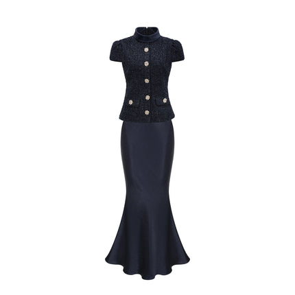 Dayana Blue Tweed Maxi Dress with Satin Finish and Crystal-Embellished Buttons