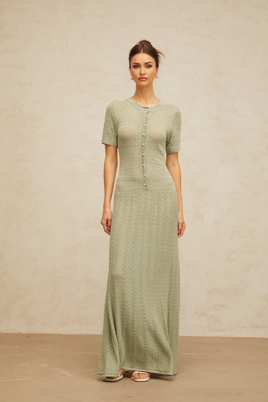 Dayana Green Crochet Knit Maxi Dress with Button Front Design