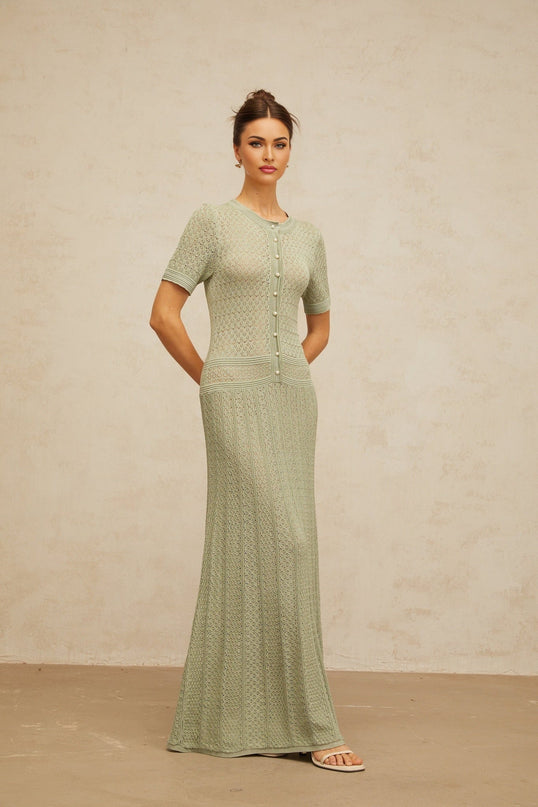 Dayana Green Crochet Knit Maxi Dress with Button Front Design