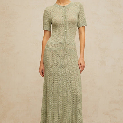 Dayana Green Crochet Knit Maxi Dress with Button Front Design