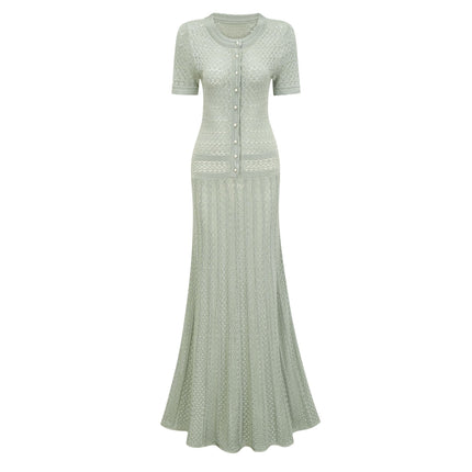 Dayana Green Crochet Knit Maxi Dress with Button Front Design