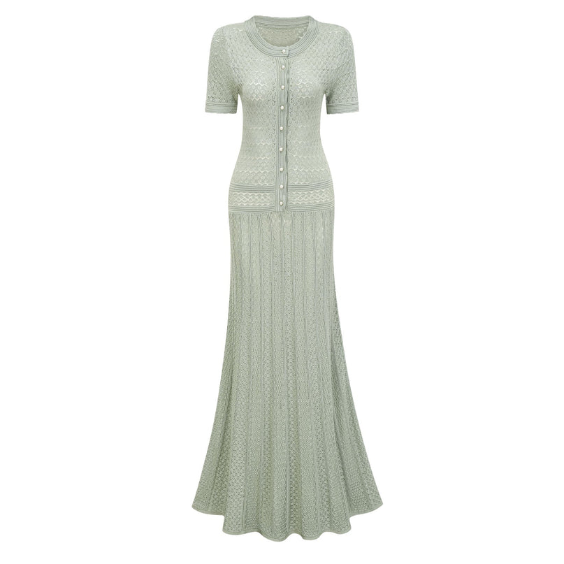 Dayana Green Crochet Knit Maxi Dress with Button Front Design
