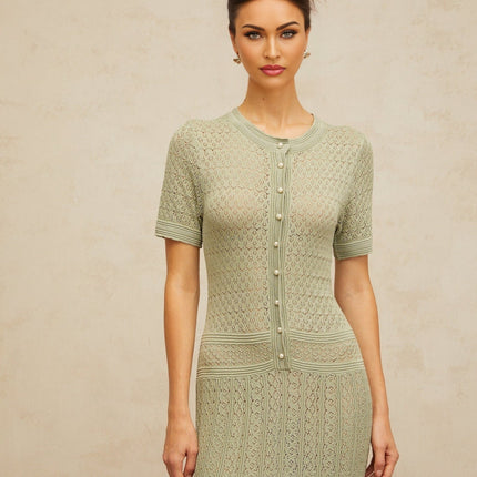 Dayana Green Crochet Knit Maxi Dress with Button Front Design