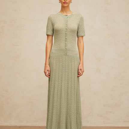 Dayana Green Crochet Knit Maxi Dress with Button Front Design and Faux-Pearl Embellishments