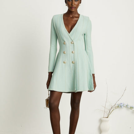 Dayana Light Green Knitted Mini Dress with Embossed Gold-Tone Buttons