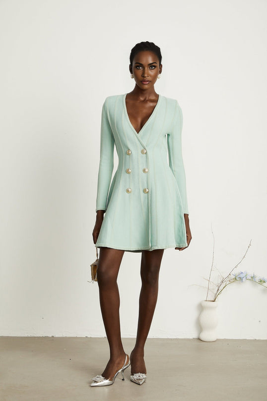 Dayana Light Green Knitted Mini Dress with Embossed Gold-Tone Buttons