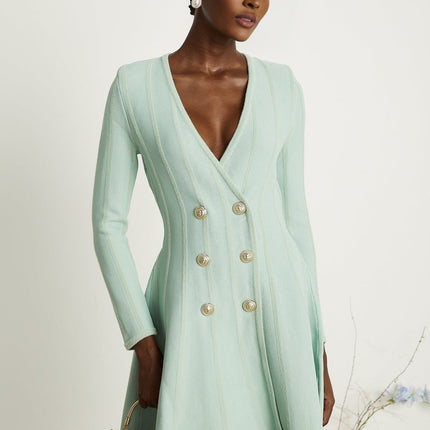 Dayana Light Green Knitted Mini Dress with Embossed Gold-Tone Buttons V Neck Long Sleeves Flared Hem Thigh Length Rear Zip Fastening 100% Terylene Fiber