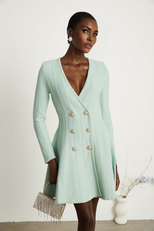 Dayana Light Green Knitted Mini Dress with Embossed Gold-Tone Buttons V Neck Long Sleeves Flared Hem Thigh Length Rear Zip Fastening 100% Terylene Fiber