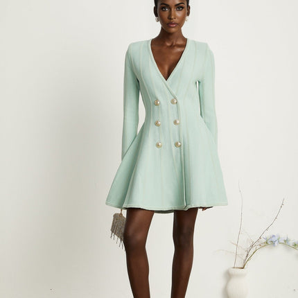 Dayana Light Green Knitted Mini Dress with Embossed Gold-Tone Buttons V Neck and Long Sleeves