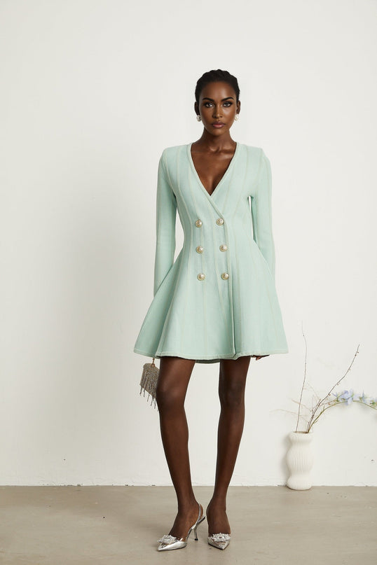 Dayana Light Green Knitted Mini Dress with Embossed Gold-Tone Buttons V Neck and Long Sleeves