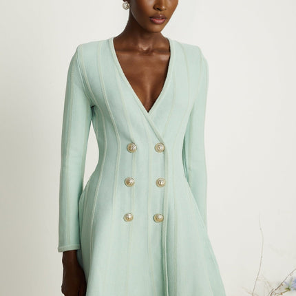 Dayana Light Green Knitted Mini Dress with Gold-Tone Buttons and V Neck