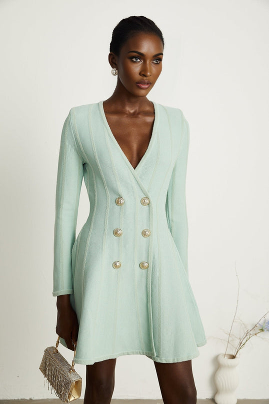 Dayana Light Green Knitted Mini Dress with Gold-Tone Buttons and V Neck