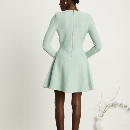 Dayana Light Green Knitted Mini Dress with Embossed Gold-Tone Buttons V Neck and Long Sleeves
