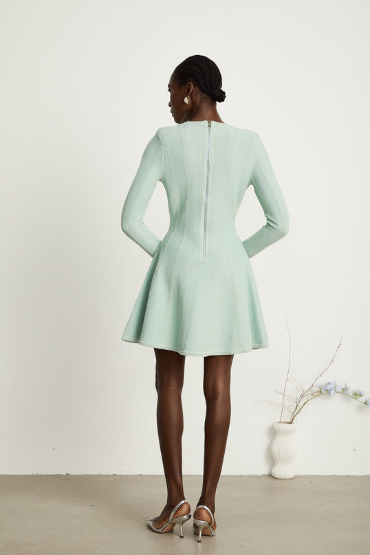 Dayana Light Green Knitted Mini Dress with Embossed Gold-Tone Buttons V Neck and Long Sleeves