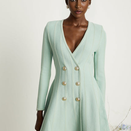 Dayana Light Green Mini Dress V Neck Long Sleeves Embossed Gold Tone Buttons Knitted Construction Flared Hem Rear Zip Fastening Thigh Length 100% Terylene Fiber