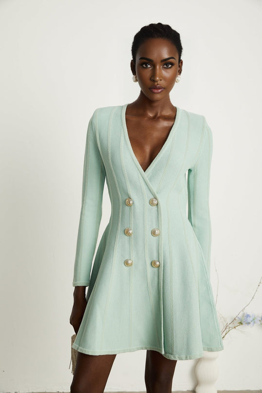 Dayana Light Green Mini Dress V Neck Long Sleeves Embossed Gold Tone Buttons Knitted Construction Flared Hem Rear Zip Fastening Thigh Length 100% Terylene Fiber