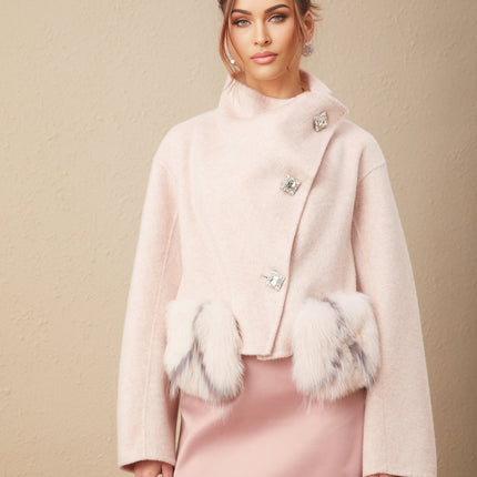 Dayana Pink Wool Coat with Faux Fur and Crystal-embellished buttons