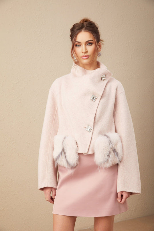 Dayana Pink Wool Coat with Faux Fur and Crystal-embellished buttons