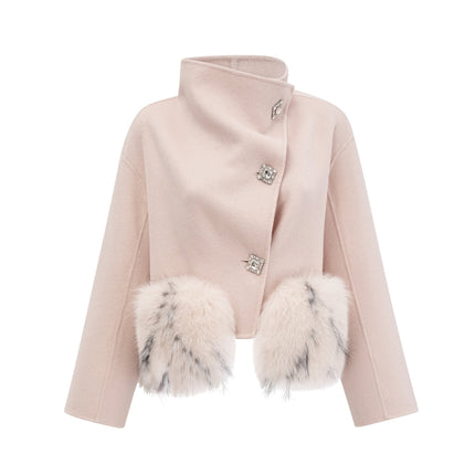 Dayana Pink Wool Coat with Faux Fur Detailing Patch Pockets and Crystal-embellished Buttons