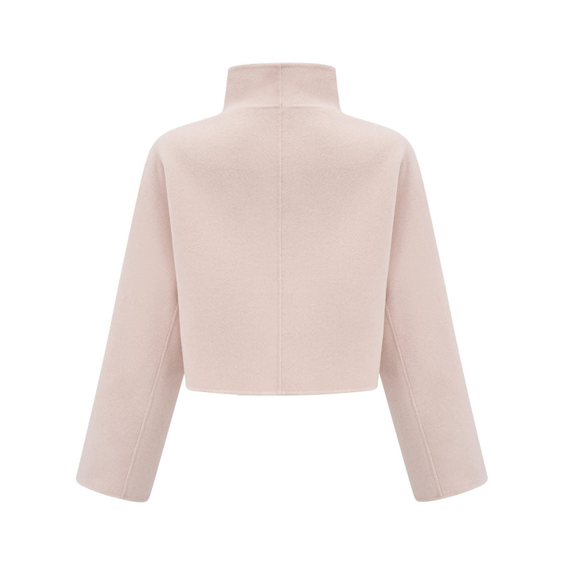 Dayana Pink Wool Coat with Faux Fur Detailing Crystal Buttons Patch Pockets Mock Neck Long Sleeves Diagonal Placket Front Button Fastening Fox Fur Environmentally-Friendly Farms Luxury Glamour Elegance