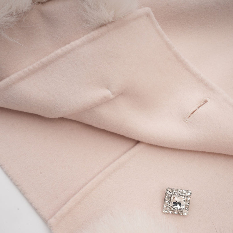 Dayana Pink Wool Coat with Faux Fur Detailing Crystal Buttons Patch Pockets Mock Neck Long Sleeves Diagonal Placket Front Button Fastening Fox Fur Environmentally-Friendly Farms Luxury Glamour Elegance