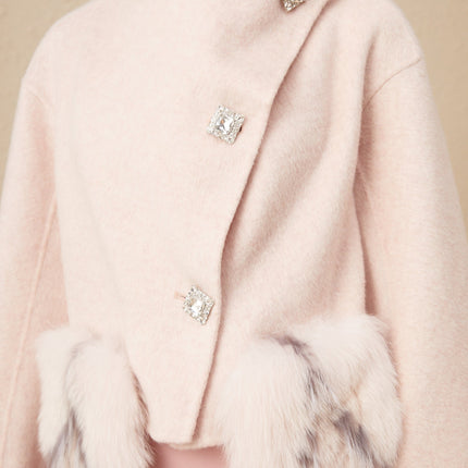 Dayana Pink Wool Coat with Faux Fur Detailing Crystal Buttons Patch Pockets Mock Neck Long Sleeves Diagonal Placket Front Button Fastening Fox Fur Environmentally-Friendly Farms Luxury Glamour Elegance