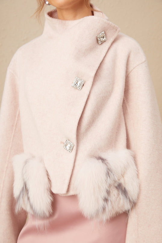 Dayana Pink Wool Coat with Faux Fur Detailing Crystal Buttons Patch Pockets Mock Neck Long Sleeves Diagonal Placket Front Button Fastening Fox Fur Environmentally-Friendly Farms Luxury Glamour Elegance
