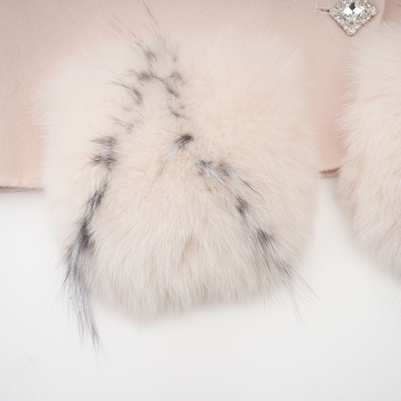 Dayana Pink Wool Coat with Faux Fur Detailing Crystal Embellished Buttons Patch Pockets Mock Neck Long Sleeves Diagonal Placket Front Button Fastening Fox Fur Environmentally Friendly Farms Luxury Glamour Elegance