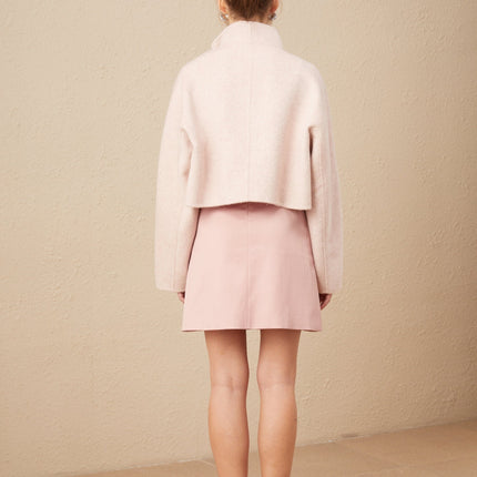 Dayana Pink Wool Coat with Faux Fur Detailing Crystal-embellished buttons Patch Pockets Mock Neck Long Sleeves Diagonal Placket Front Button Fastening Fox Fur sourced from environmentally-friendly farms