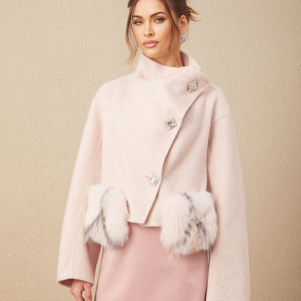 Dayana Pink Wool Coat with Faux Fur Detailing Crystal Buttons Patch Pockets Mock Neck Long Sleeves Diagonal Placket Front Button Fastening Fox Fur Environmentally-Friendly Farms Luxury Glamour Elegance