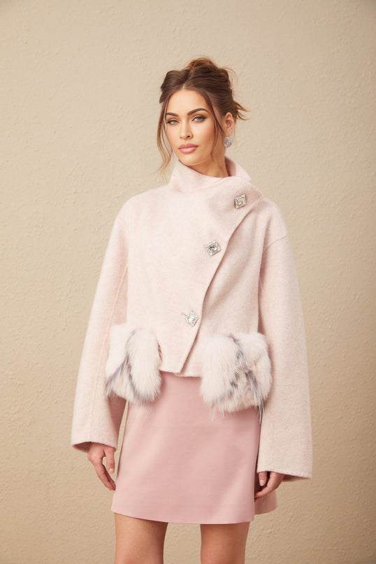 Dayana Pink Wool Coat with Faux Fur Detailing Crystal Buttons Patch Pockets Mock Neck Long Sleeves Diagonal Placket Front Button Fastening Fox Fur Environmentally-Friendly Farms Luxury Glamour Elegance