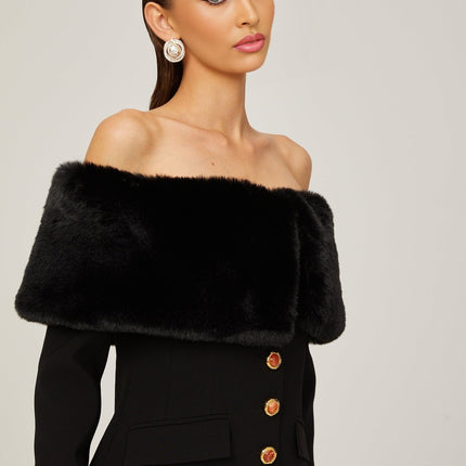 Debora Black Mini Dress Terylene Spandex Off-Shoulder Faux-Fur Trim Shawl Stone-Embellished Buttons Front Flap Pockets Long Sleeves Buttoned Cuffs Thigh-Length Ensemble
