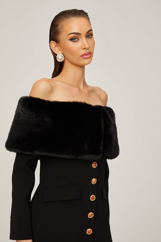 Debora Black Mini Dress Terylene Spandex Off-Shoulder Faux-Fur Trim Shawl Stone-Embellished Buttons Front Flap Pockets Long Sleeves Buttoned Cuffs Thigh-Length Ensemble
