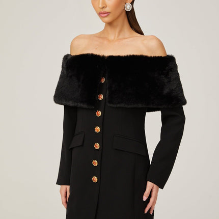 Debora Black Mini Dress with Faux-Fur Trim and Stone-Embellished Buttons