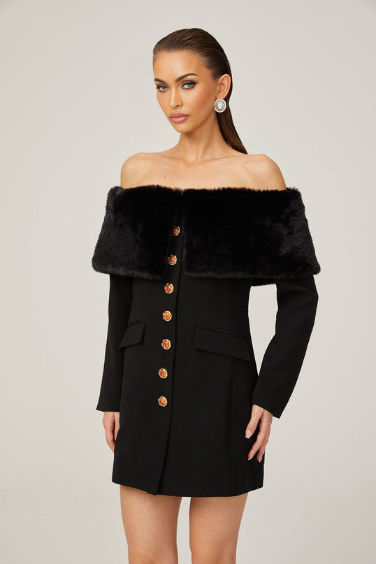 Debora Black Mini Dress with Faux-Fur Trim and Stone-Embellished Buttons